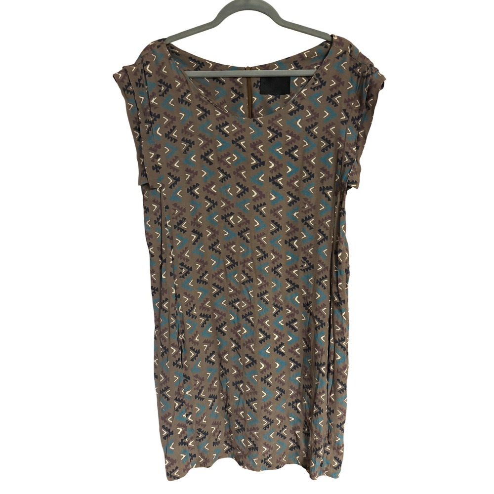 No. 6 Store Brown Geometric Print Rayon Shift Dress Pockets Size 3 USA Made